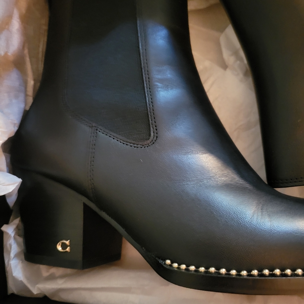 Coach Black Heeled Boots with Metallic Accents